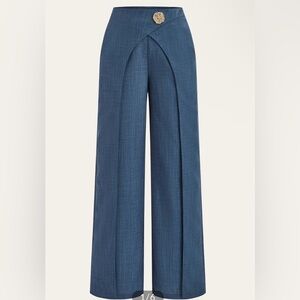 Commense Wide-Leg Draped Front Pants in Slate Blue